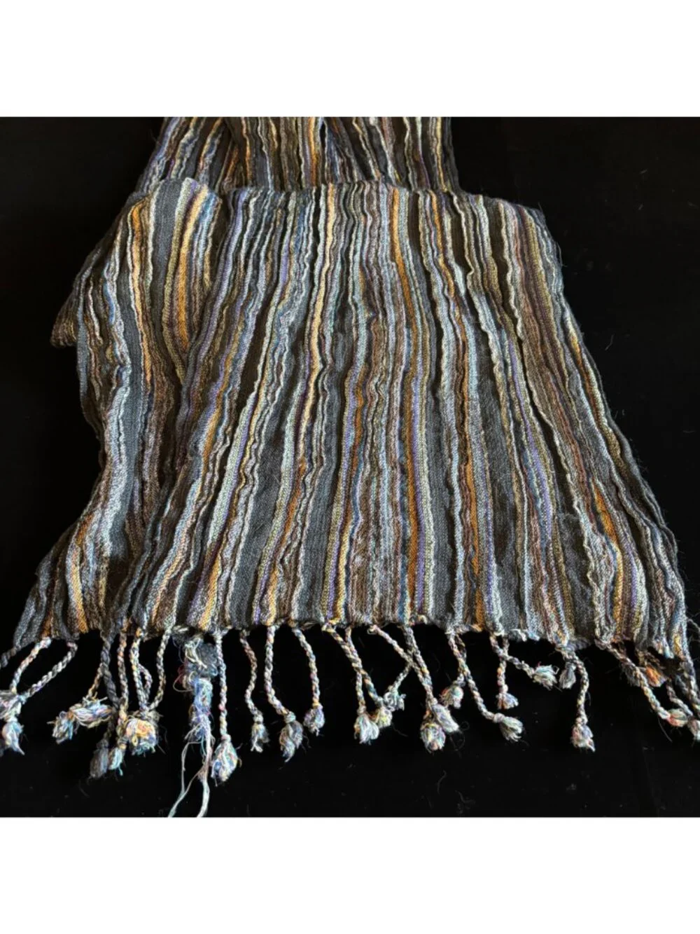 Scarf Striped Crinkle Knit Charcoal Gray Multi Color Fringe Lightweight Wrap